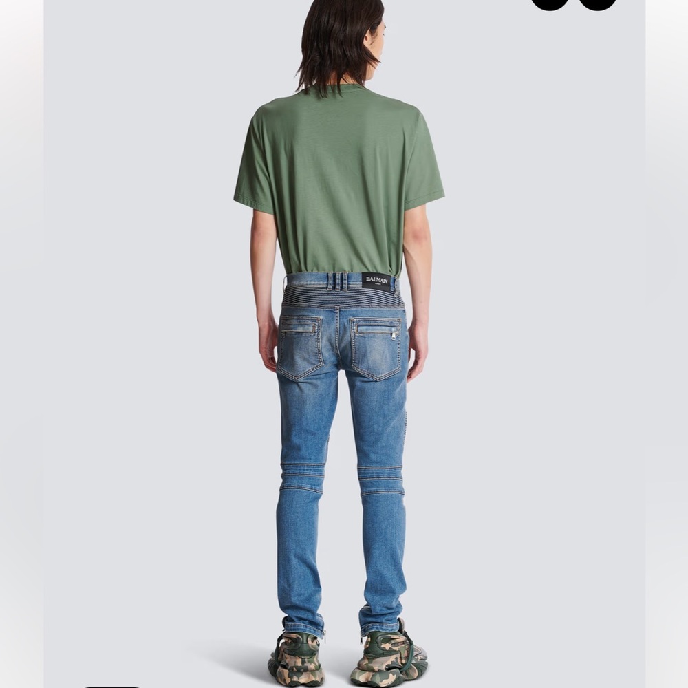 Balmain Slim Fit Biker Jeans in Blue Denim - Picture 8 of 16